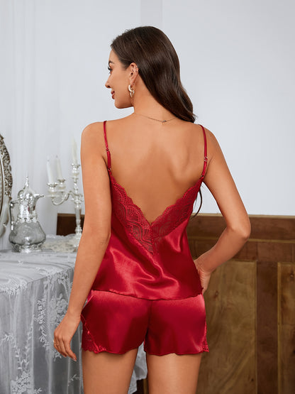 Ensemble pyjama en dentelle Satin, haut caraco dos nu, vêtements de nuit